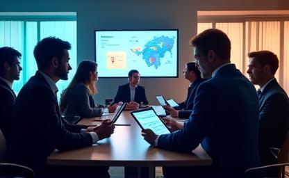 Consultants discussing 5G network deployment strategy