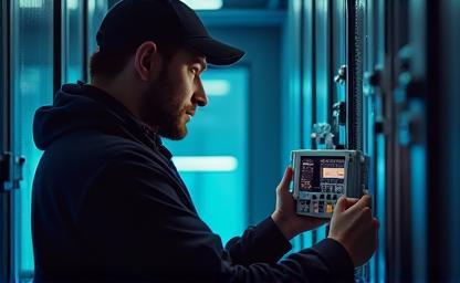 Technician performing wireless network optimization assessment